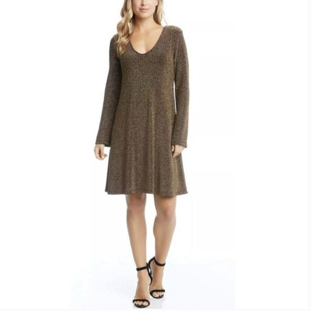 Gold Metallic Long Sleeve A-Line Dress Karen Kane Taylor Small NWT Holiday Party